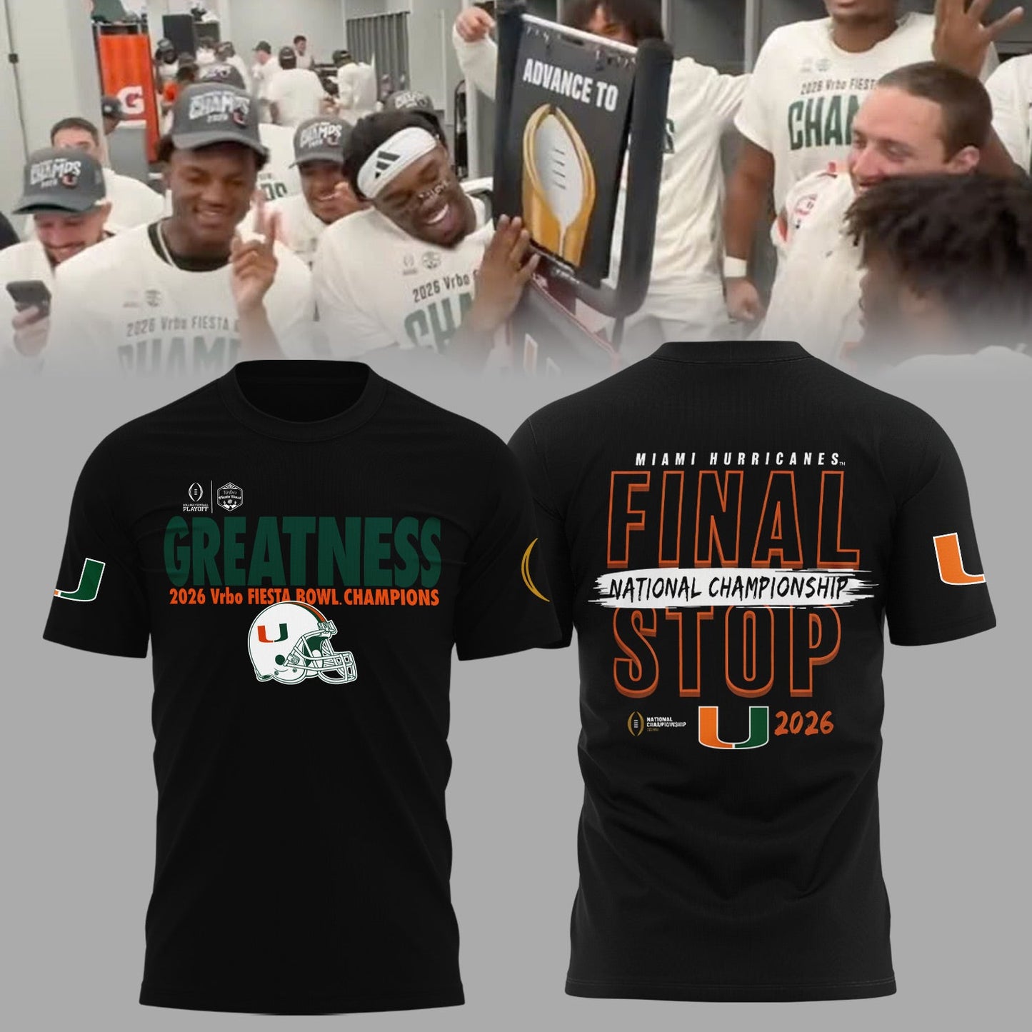 Miami Hurricanes College Football Playoff 2025 Fiesta Bowl Champions Combo T-Shirt - Final Stop Edition Black