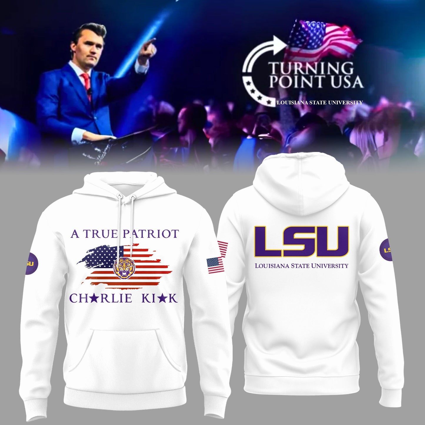 University x Turning Point USA - Louisiana State University Hoodie - LSU Hoodie White 2-Side
