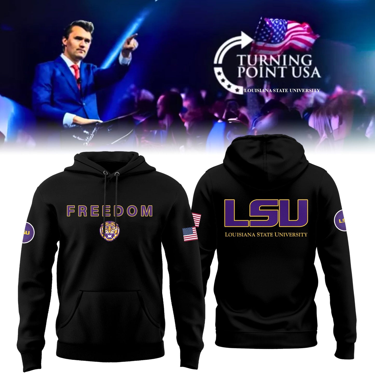 University x Turning Point USA - Louisiana State University Hoodie - LSU Black Freedom Hoodie