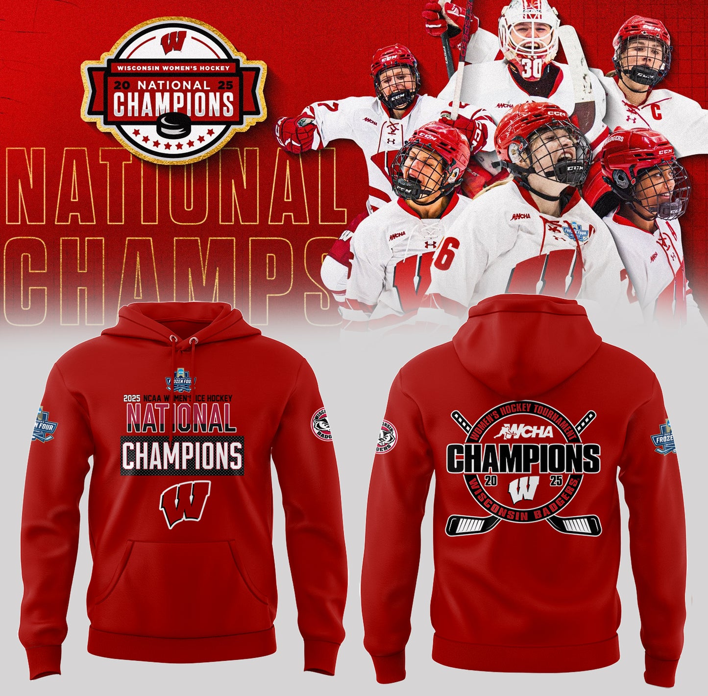 Wisconsin Badgers 2025 Women's Hockey Tournament Champions Hoodie-PA03252501
