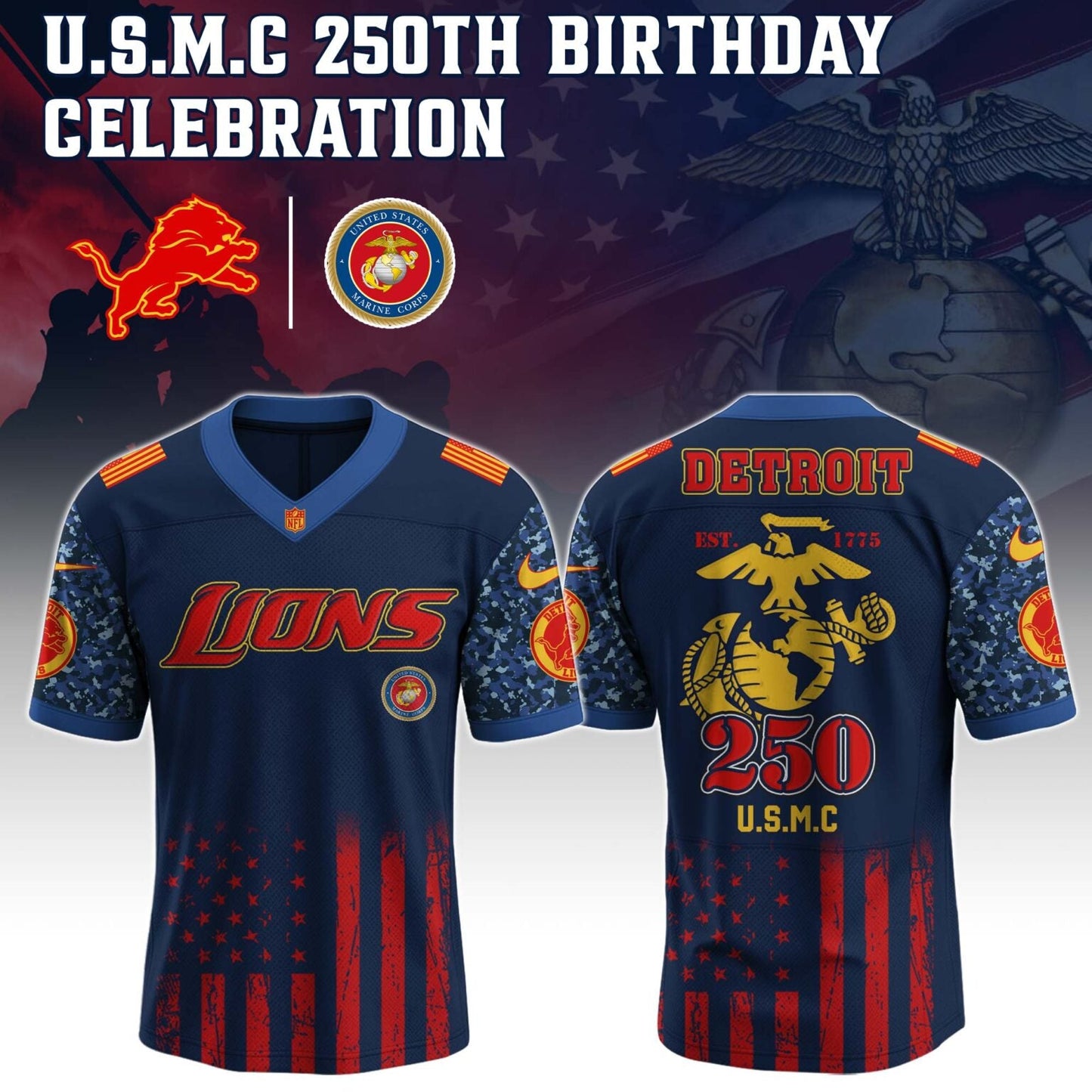 Detroit Lions x U.S.M.C 250TH Birthday Special Edition Jersey - Tycheco
