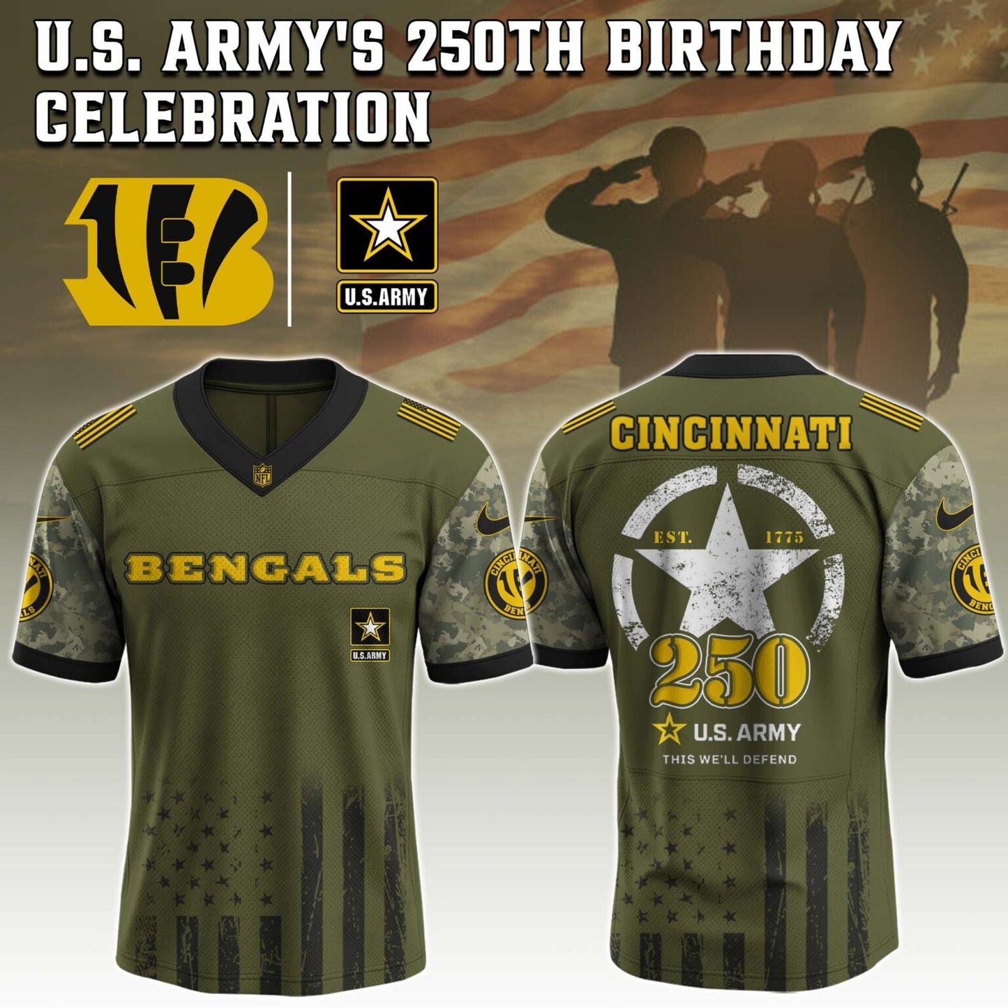 Cincinnati Bengals x U.S. ARMY'S 250TH Birthday Special Edition Jersey - Tycheco