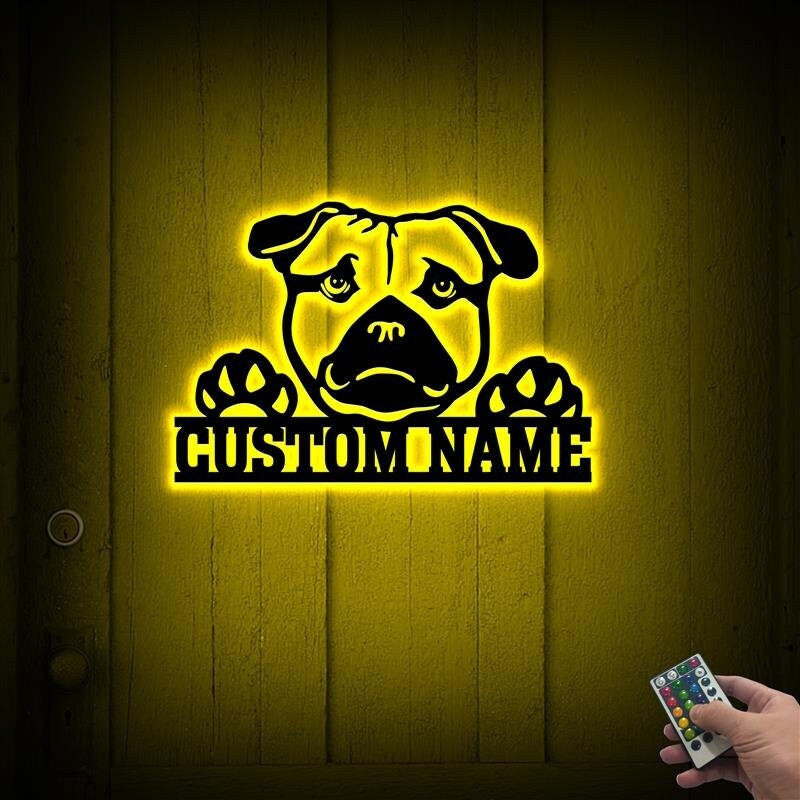 Custom American Pugabull Metal Sign with Led Lights, Dog Lover Gift, Dog Breed Sign, Dog Name Sign, Pugabull Dog Metal Sign, Metal Dog Decor