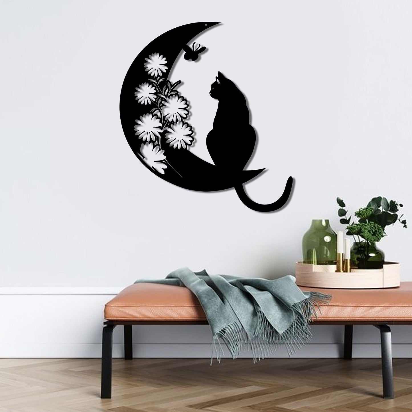 Cat and Moon Metal Wall Art, Floral Cat Wall Decor, Cat on Moon, Cat Lover Gift, Animal Decor, Home Decor, Housewarming Gift, Moon Cat Decor