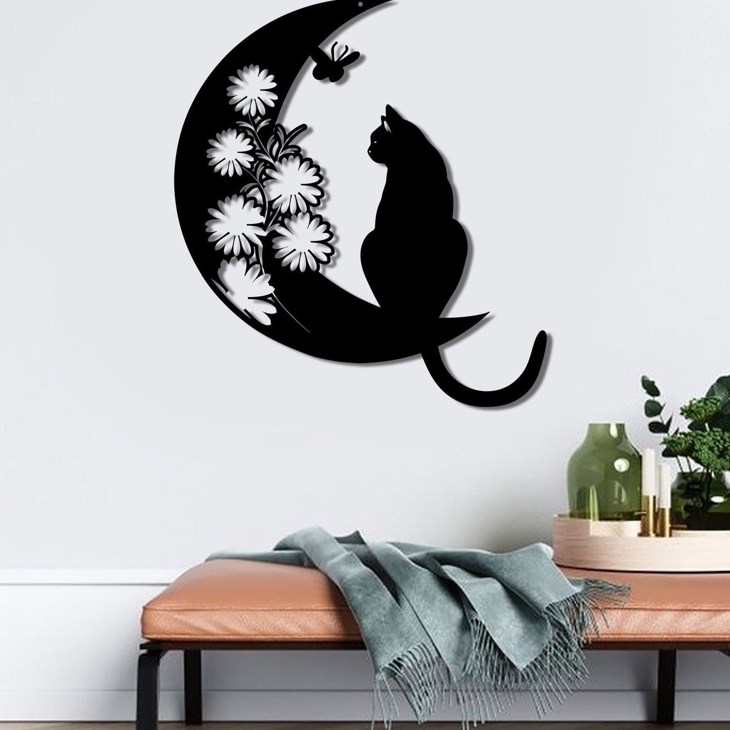 Cat and Moon Metal Wall Art, Floral Cat Wall Decor, Cat on Moon, Cat Lover Gift, Animal Decor, Home Decor, Housewarming Gift, Moon Cat Decor