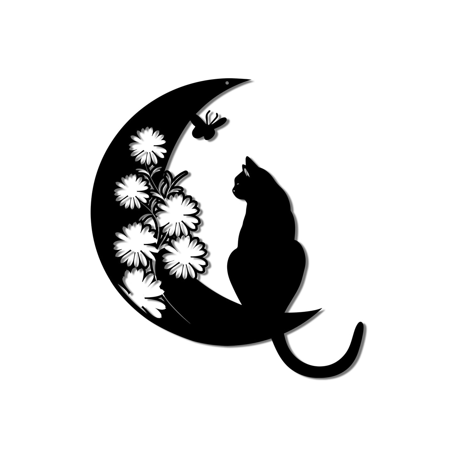 Cat and Moon Metal Wall Art, Floral Cat Wall Decor, Cat on Moon, Cat Lover Gift, Animal Decor, Home Decor, Housewarming Gift, Moon Cat Decor