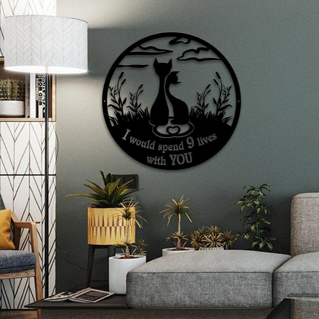 Cat Couple Metal Wall Art with Led Light, I Would Spend 9 Lives with You, Valentine's Day Gift, Cat Lover Gift, Two Cats Wall Hanging