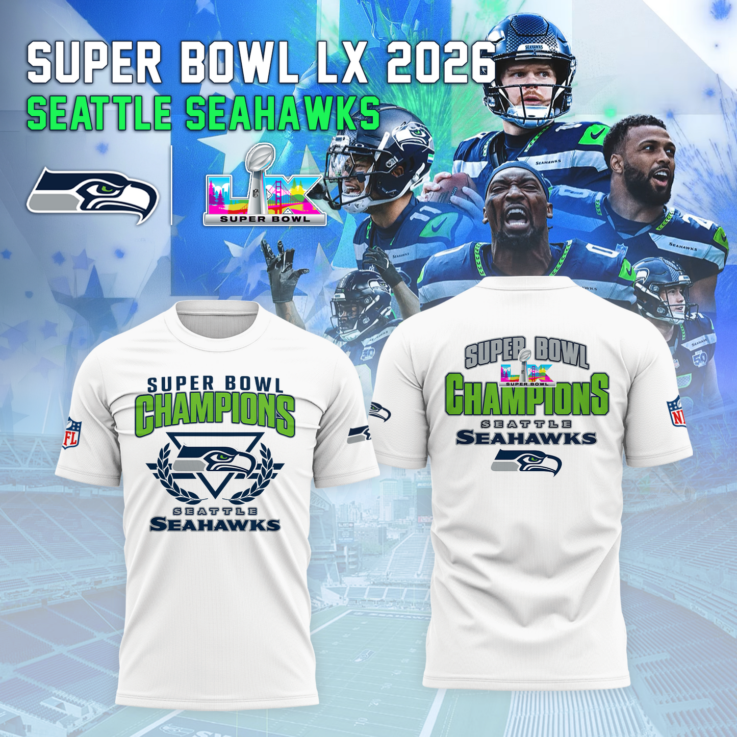 Seattle Seahawks - Champions Super Bowl LX White T-Shirt