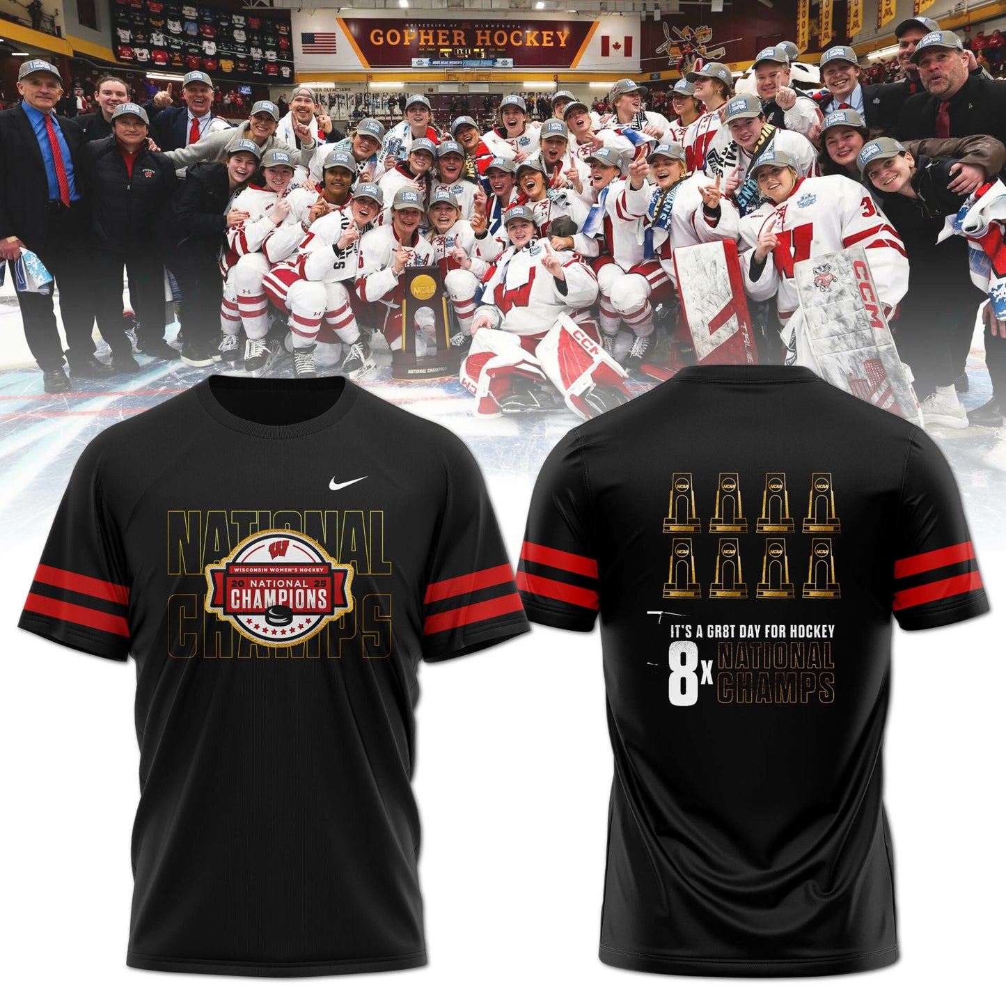 Wisconsin Badgers 2025 Women's Hockey Tournament Champions T-Shirt 2-Side Black
