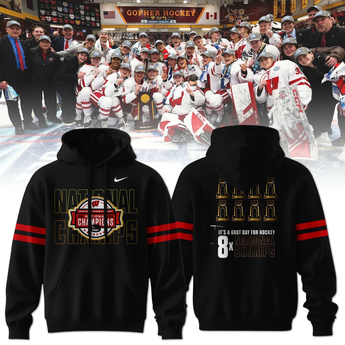 Wisconsin Badgers 2025 Women's Hockey Tournament Champions Hoodie 2-Side Black