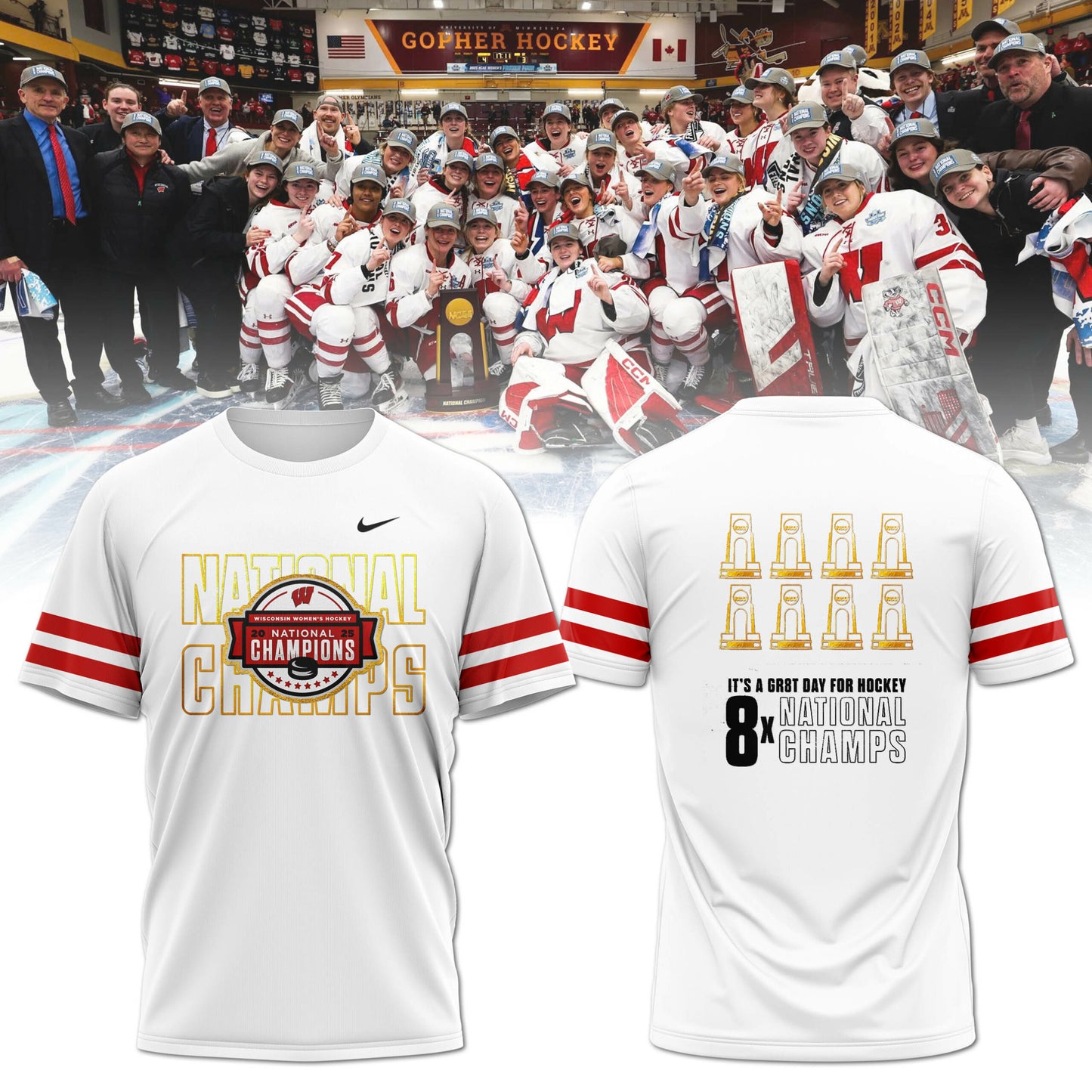 Wisconsin Badgers 2025 Women's Hockey Tournament Champions T-Shirt 2-Side White