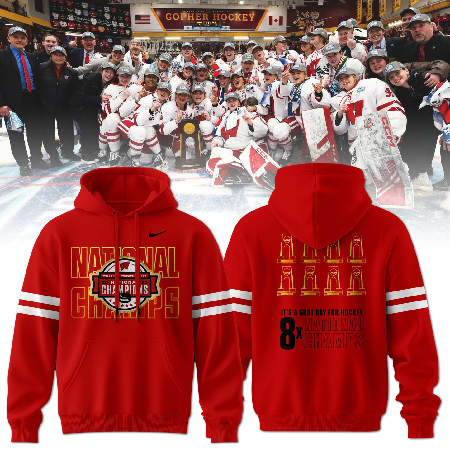 Wisconsin Badgers 2025 Women's Hockey Tournament Champions Hoodie 2-Side Red