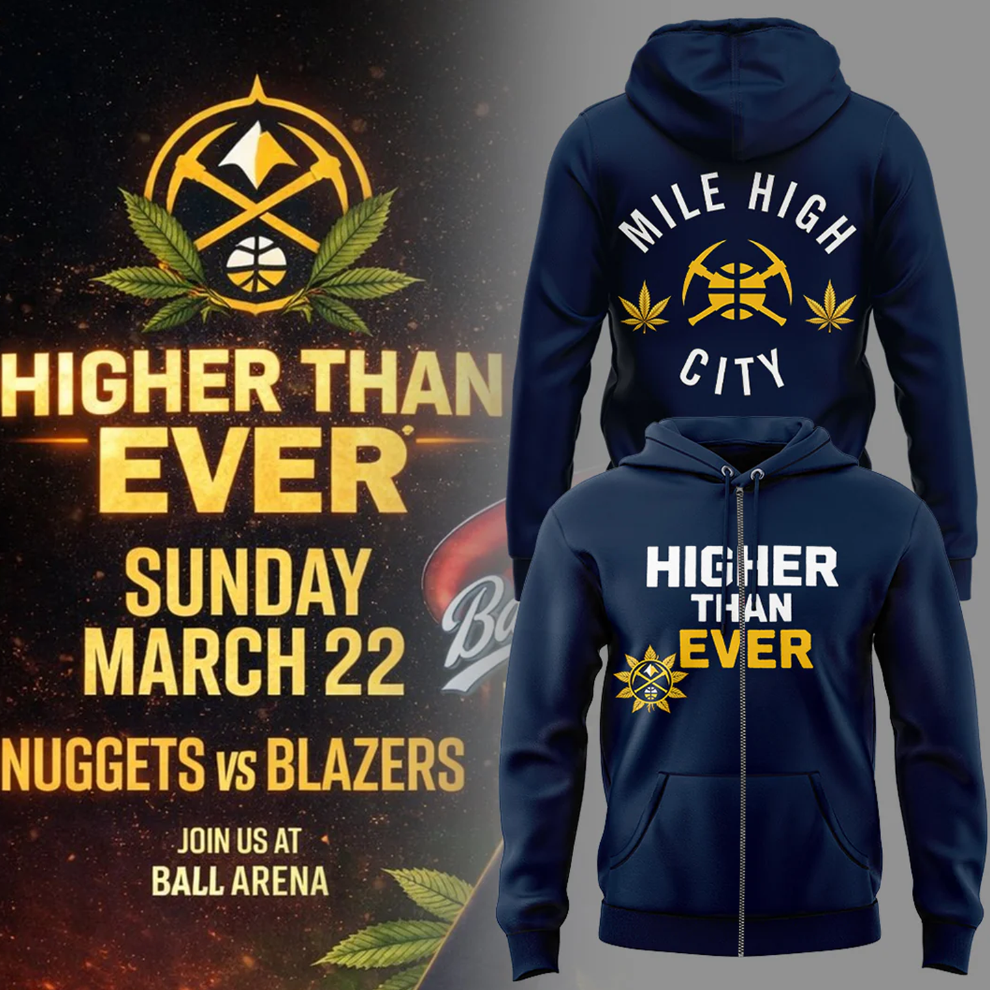 Denver Nuggets Merch - Denver Nuggets Higher Than Ever ZipHoodie