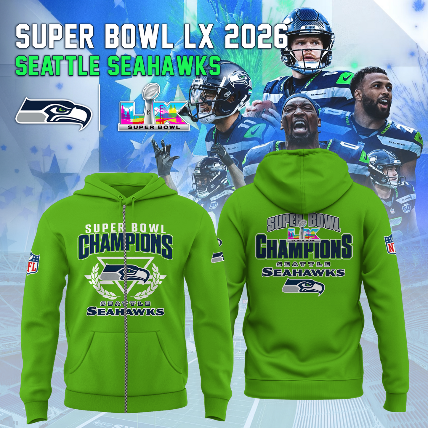 Seattle Seahawks - Champions Super Bowl LX Green Zip Hoodie