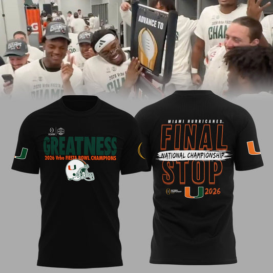 Miami Hurricanes College Football Playoff 2025 Fiesta Bowl Champions Combo T-Shirt - Final Stop Edition Black