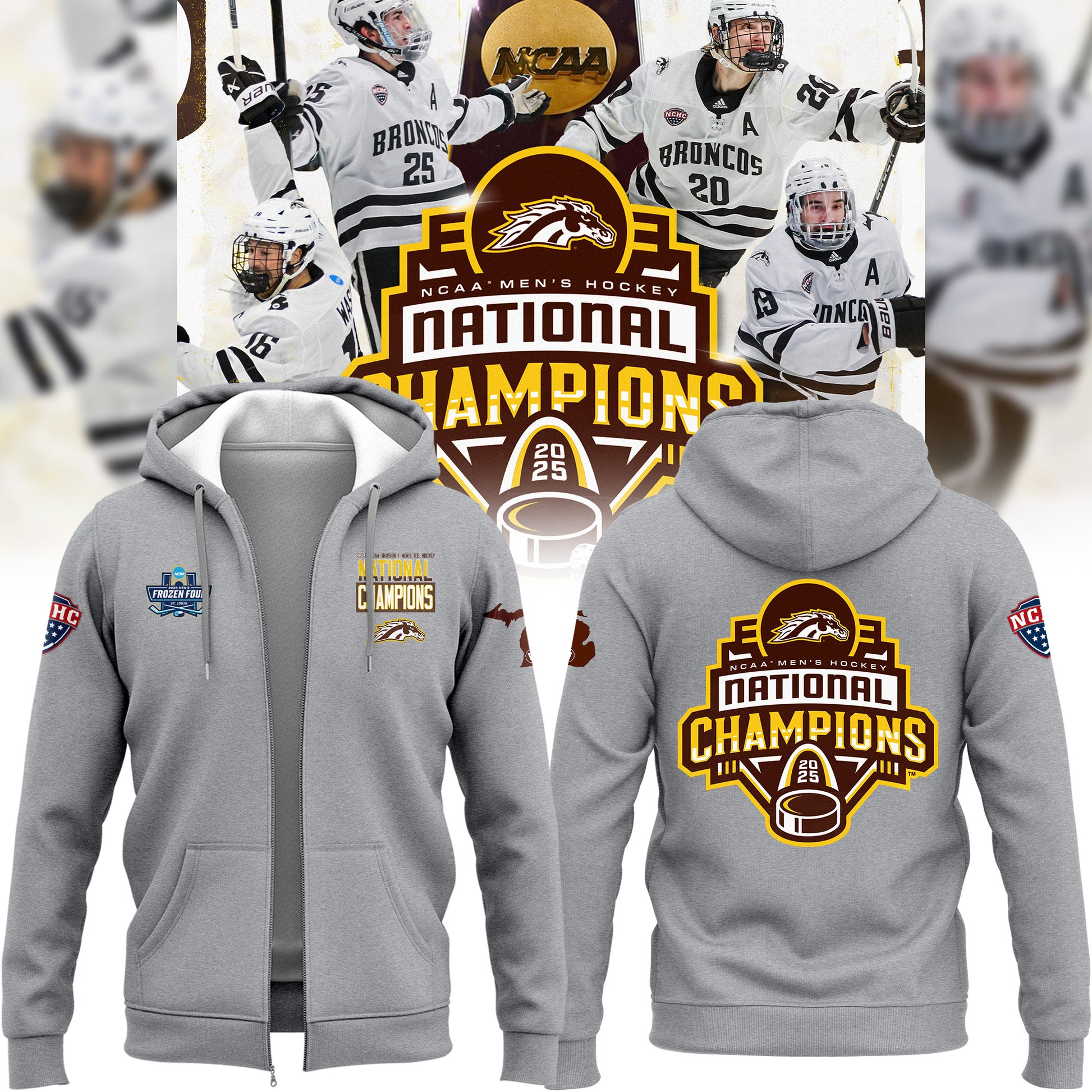 Western Michigan University Broncos Special New National Mens Hockey Champions Grey Zip Hoodie