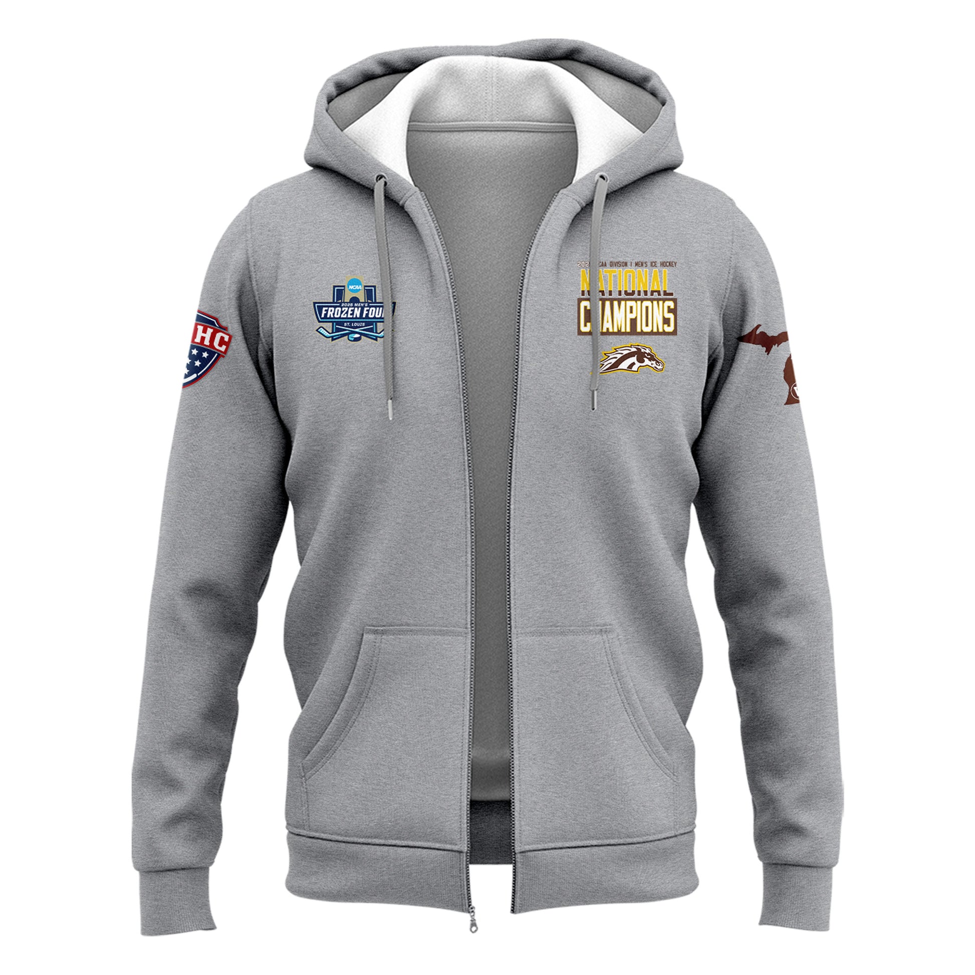 Western Michigan University Broncos Special New National Mens Hockey Champions Grey Zip Hoodie