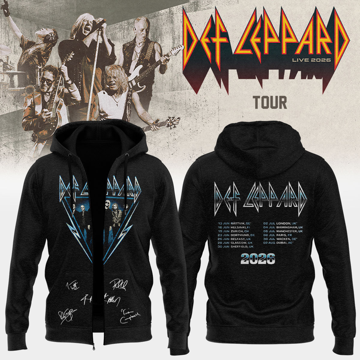 Def Leppard Live 2026 Limited Edition Signature Zip Hoodie - Tour Apparel