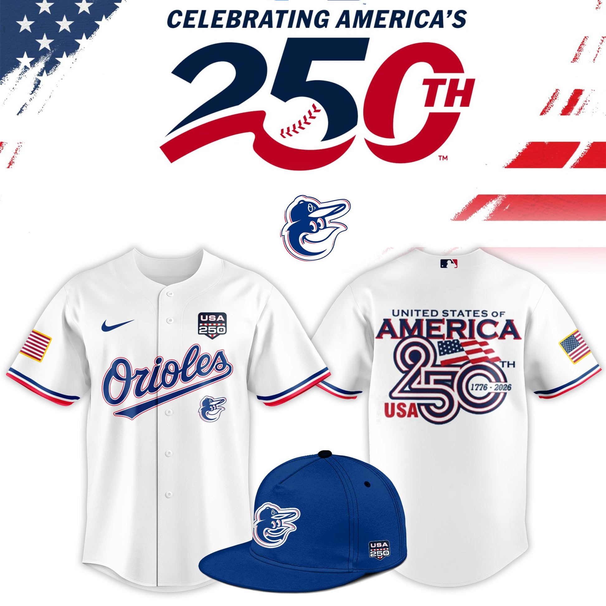 Baltimore Orioles USA 250th Anniversary Baseball Jersey And Cap