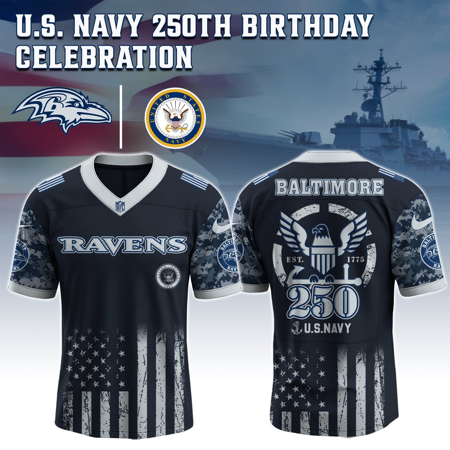 Baltimore Ravens x U.S. NAVY 250TH Birthday Special Edition Jersey - Tycheco