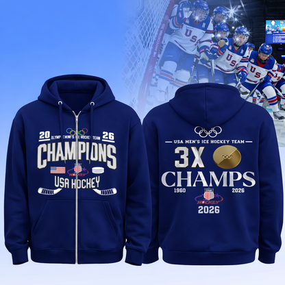 Team USA 2026 Olympic Men’s Ice Hockey Champions Zip Hoodie Limited Edition Blue
