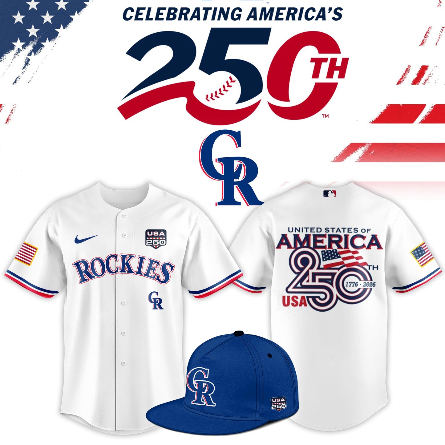 Colorado Rockies USA 250th Anniversary Baseball Jersey And Cap