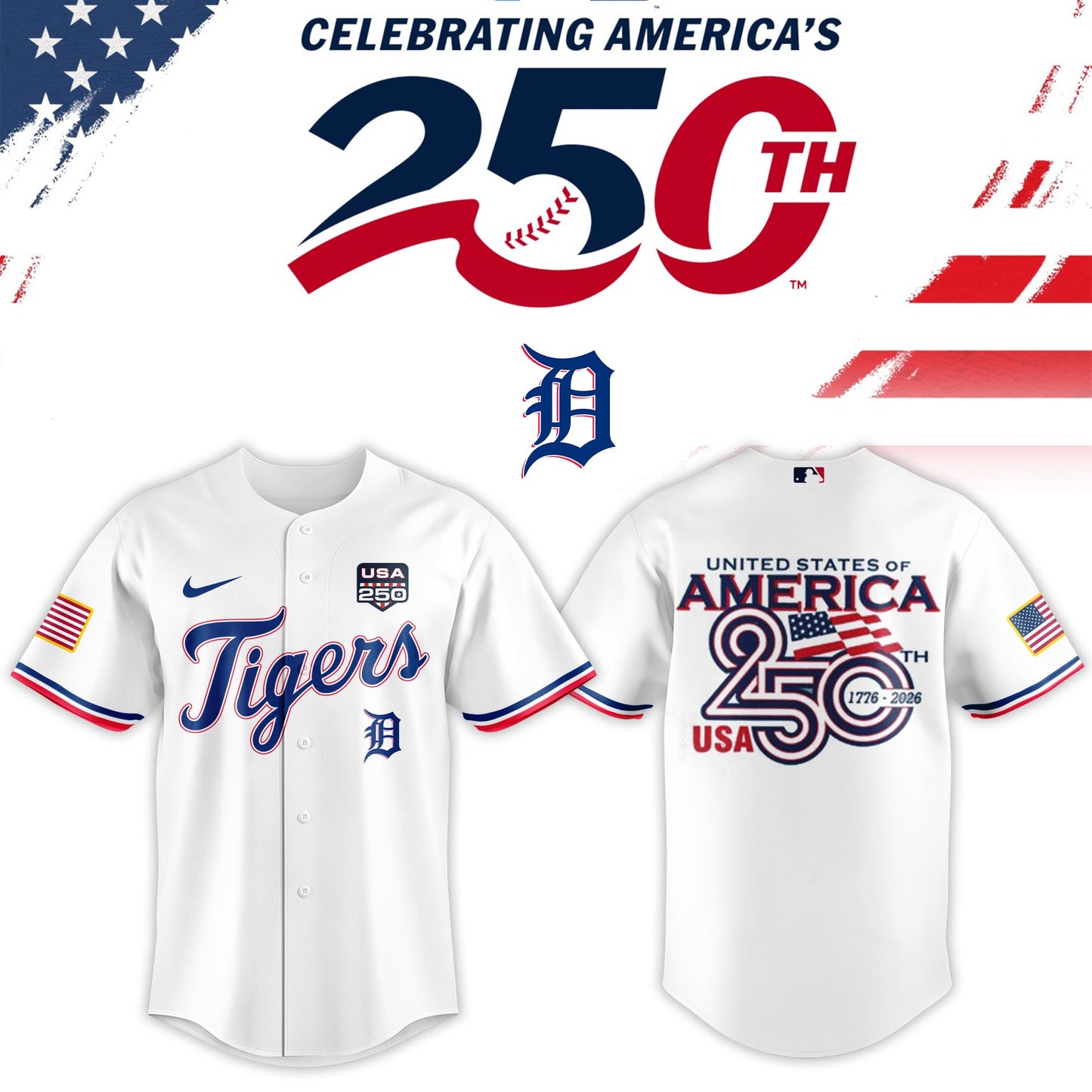 Detroit Tigers USA 250th Anniversary Baseball Jersey And Cap