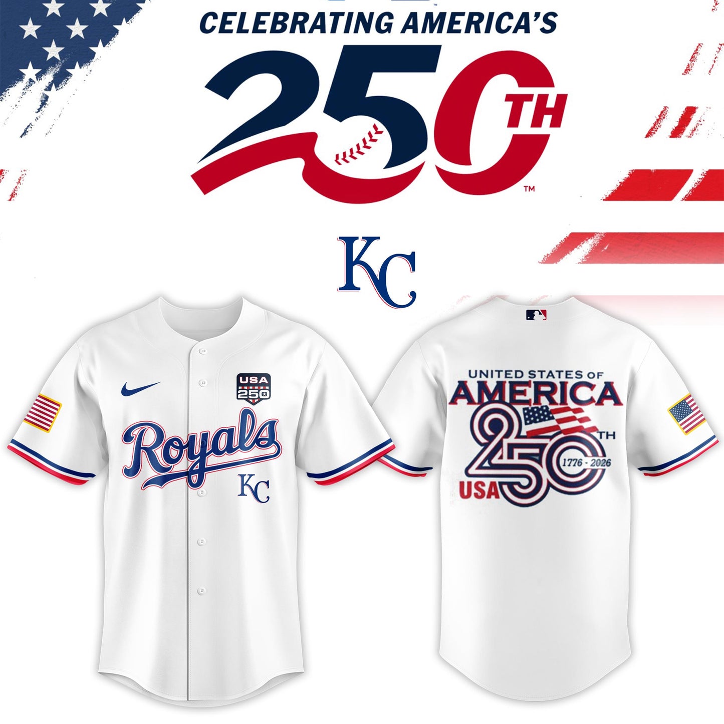 Kansas City Royals USA 250th Anniversary Baseball Jersey And Cap