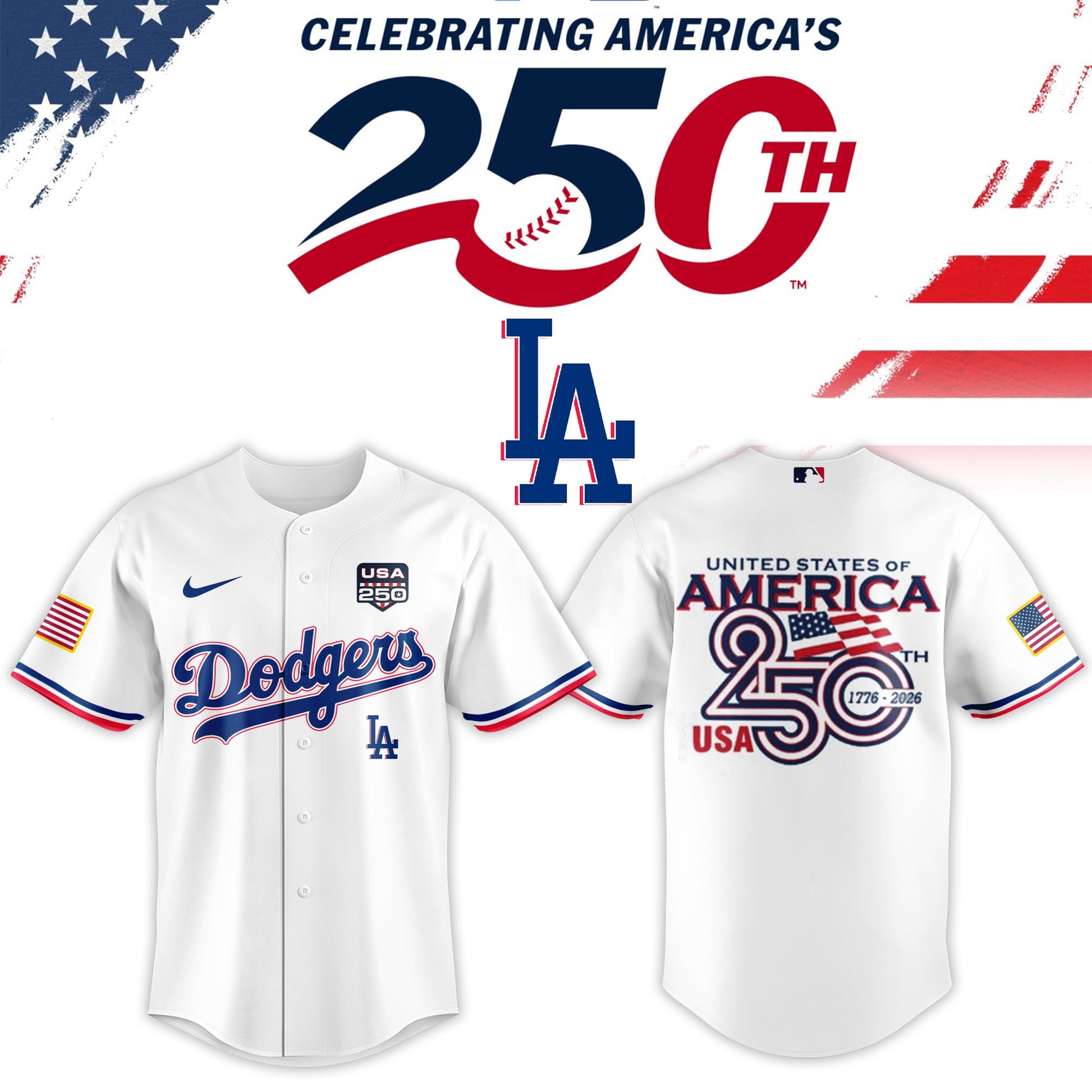 Los Angeles Dodgers USA 250th Anniversary Baseball Jersey And Cap