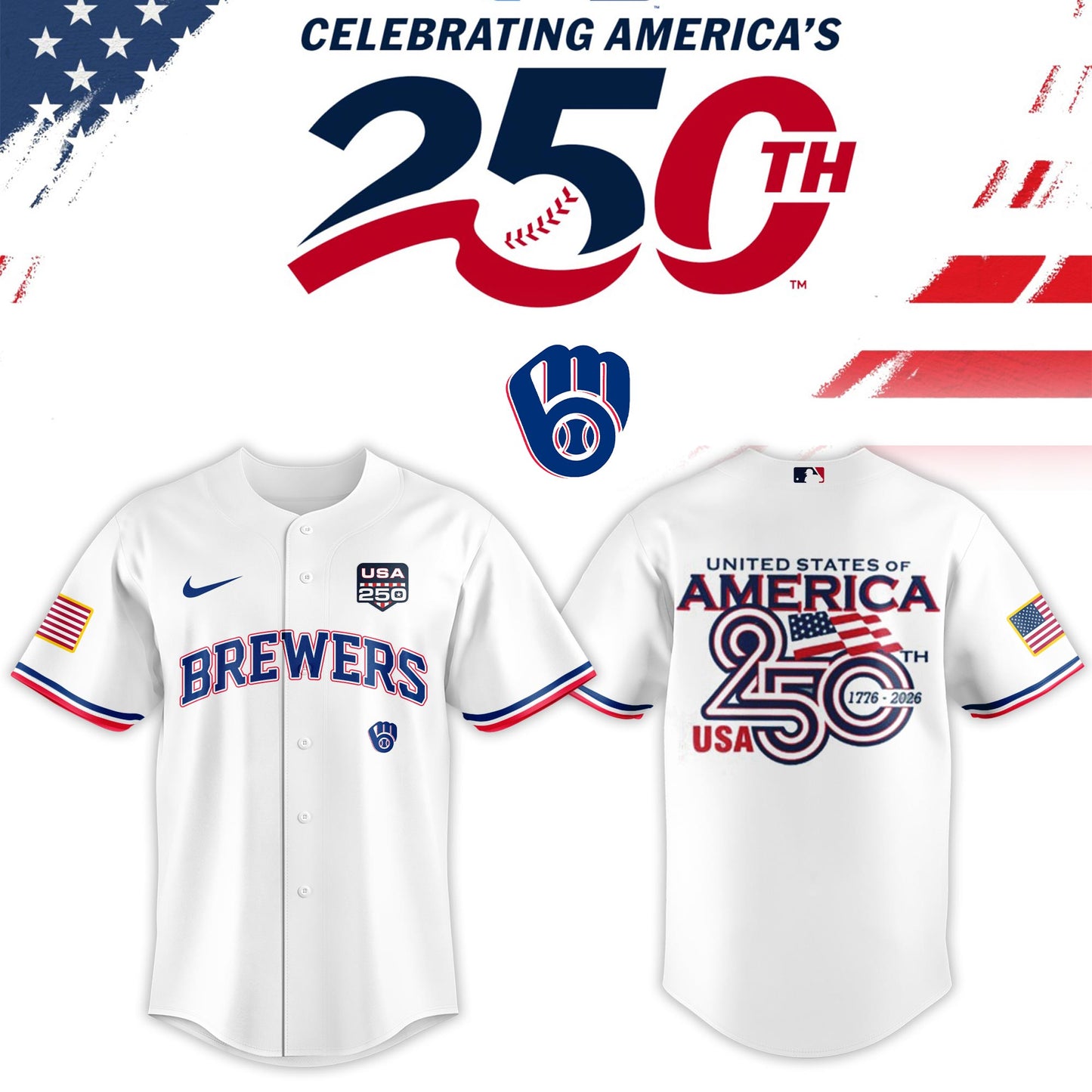 Milwaukee Brewers USA 250th Anniversary Baseball Jersey And Cap