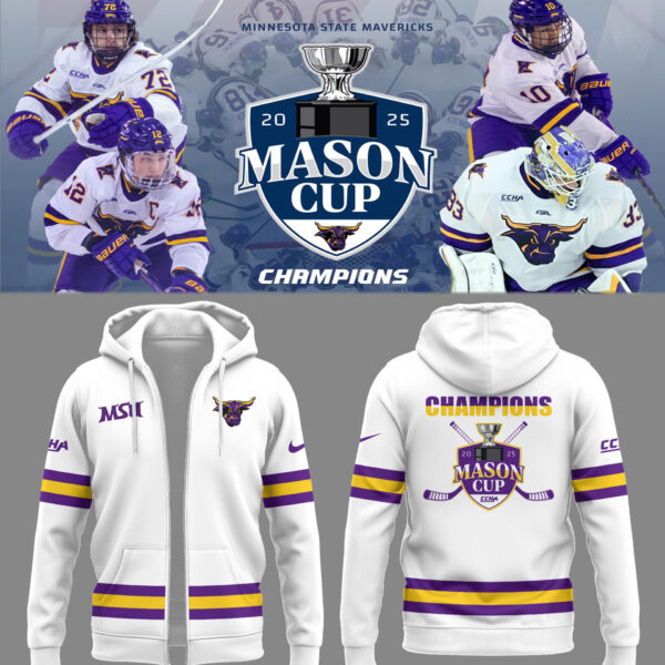 MSU Mavericks Men’s Hockeys Limited Mason Cup Champions 2025 ZIP Hoodie White