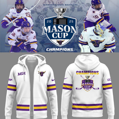 MSU Mavericks Men’s Hockeys Limited Mason Cup Champions 2025 ZIP Hoodie White