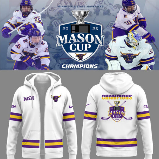 MSU Mavericks Men’s Hockeys Limited Mason Cup Champions 2025 ZIP Hoodie White