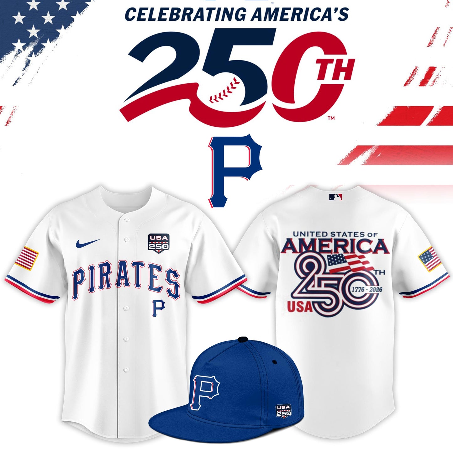 Pittsburgh Pirates USA 250th Anniversary Baseball Jersey And Cap