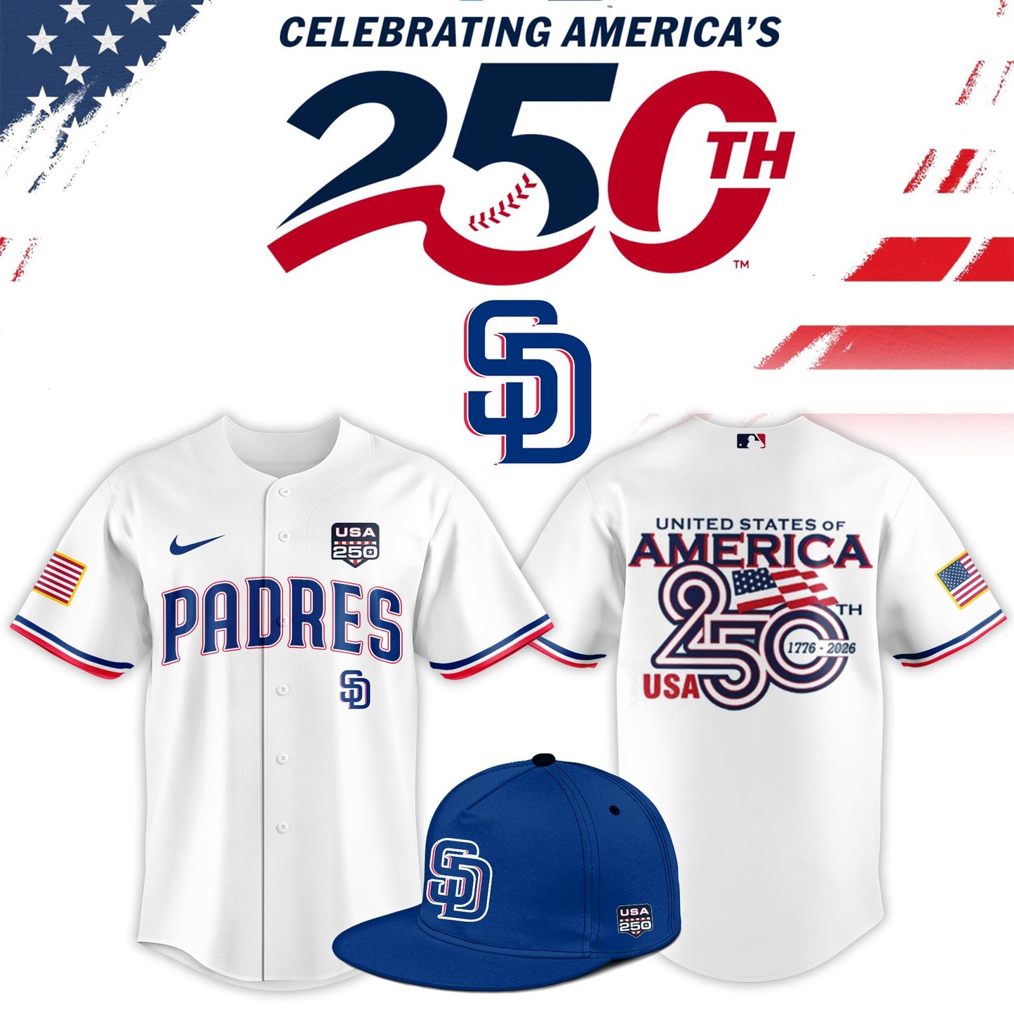 San Diego Padres USA 250th Anniversary Baseball Jersey And Cap