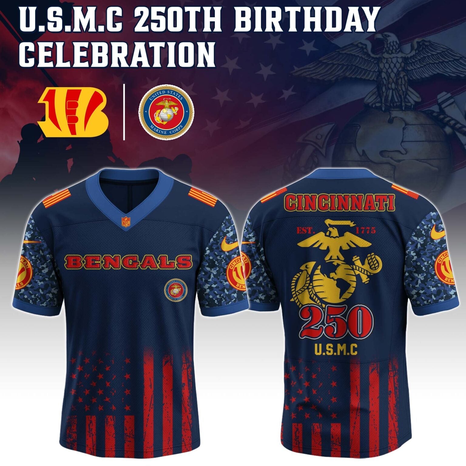 Cincinnati Bengals x U.S.M.C 250TH Birthday Special Edition Jersey - Tycheco