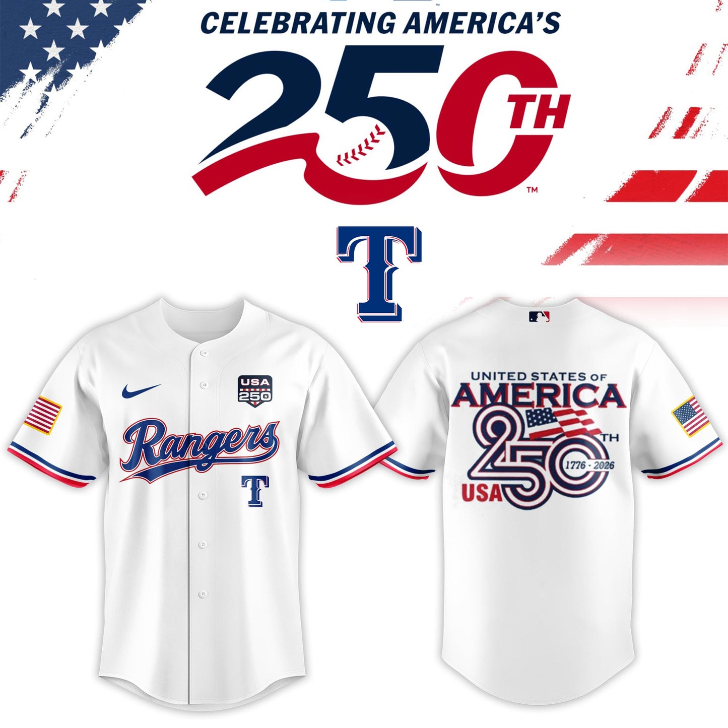 Texas Rangers USA 250th Anniversary Baseball Jersey And Cap