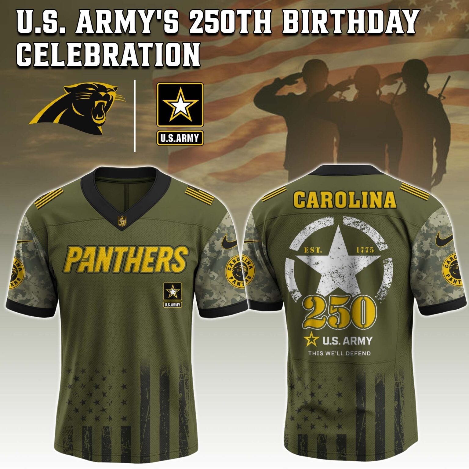 Carolina Panthers x U.S. ARMY'S 250TH Birthday Special Edition Jersey - Tycheco