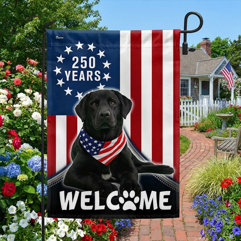 Patriotic Welcome Dog Garden Flag, 250 Years Labrador Retriever Betsy Ross Flag Decor