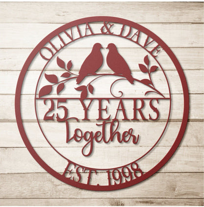 25th Anniversary Gifts For Parents, Wedding Doves Metal Sign, Family Monogram Sign