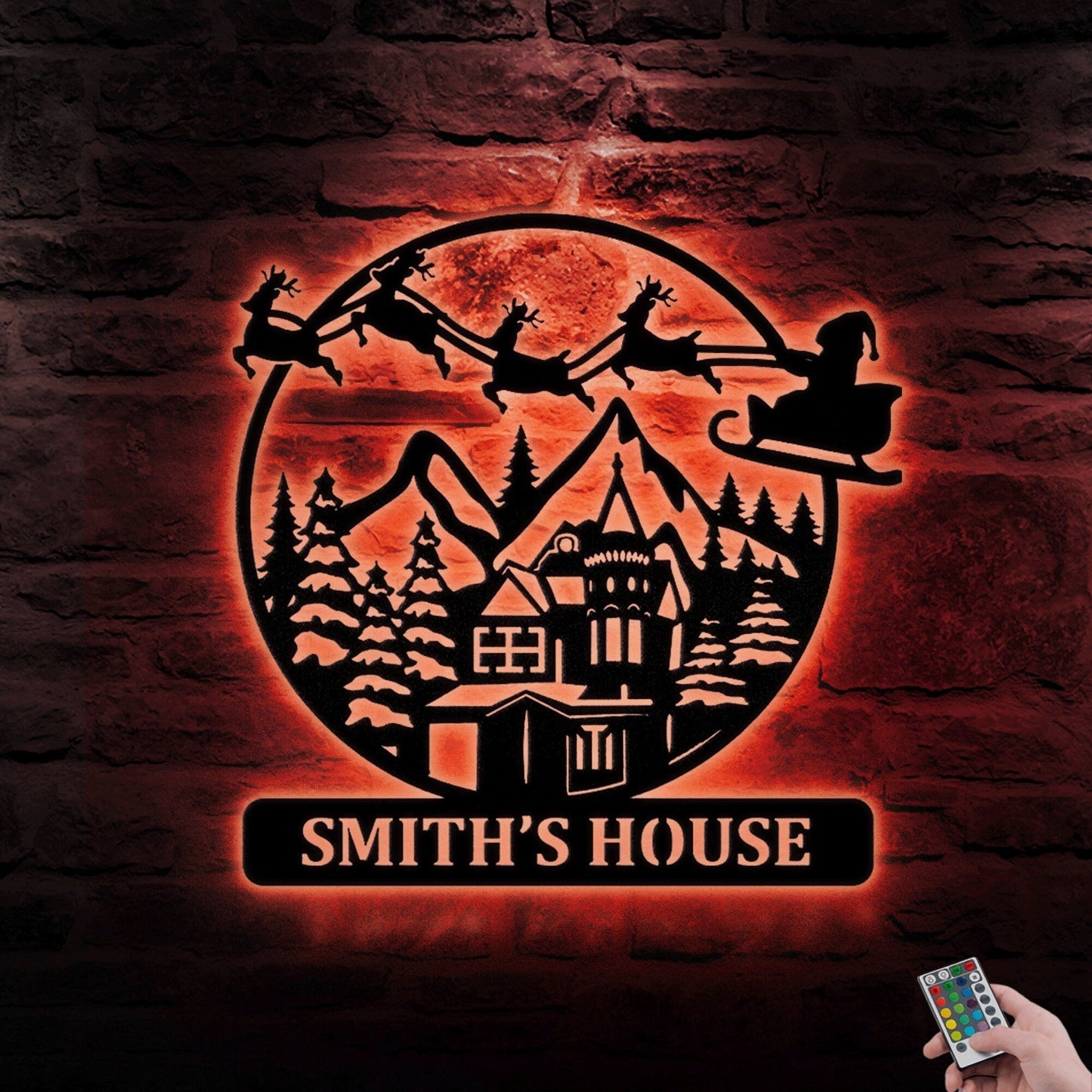 Custom Christmas Scene Skiing Metal Wall Art With LED Light, Custom Metal Wall Art With Led, Family Gift