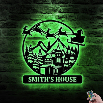 Custom Christmas Scene Skiing Metal Wall Art With LED Light, Custom Metal Wall Art With Led, Family Gift