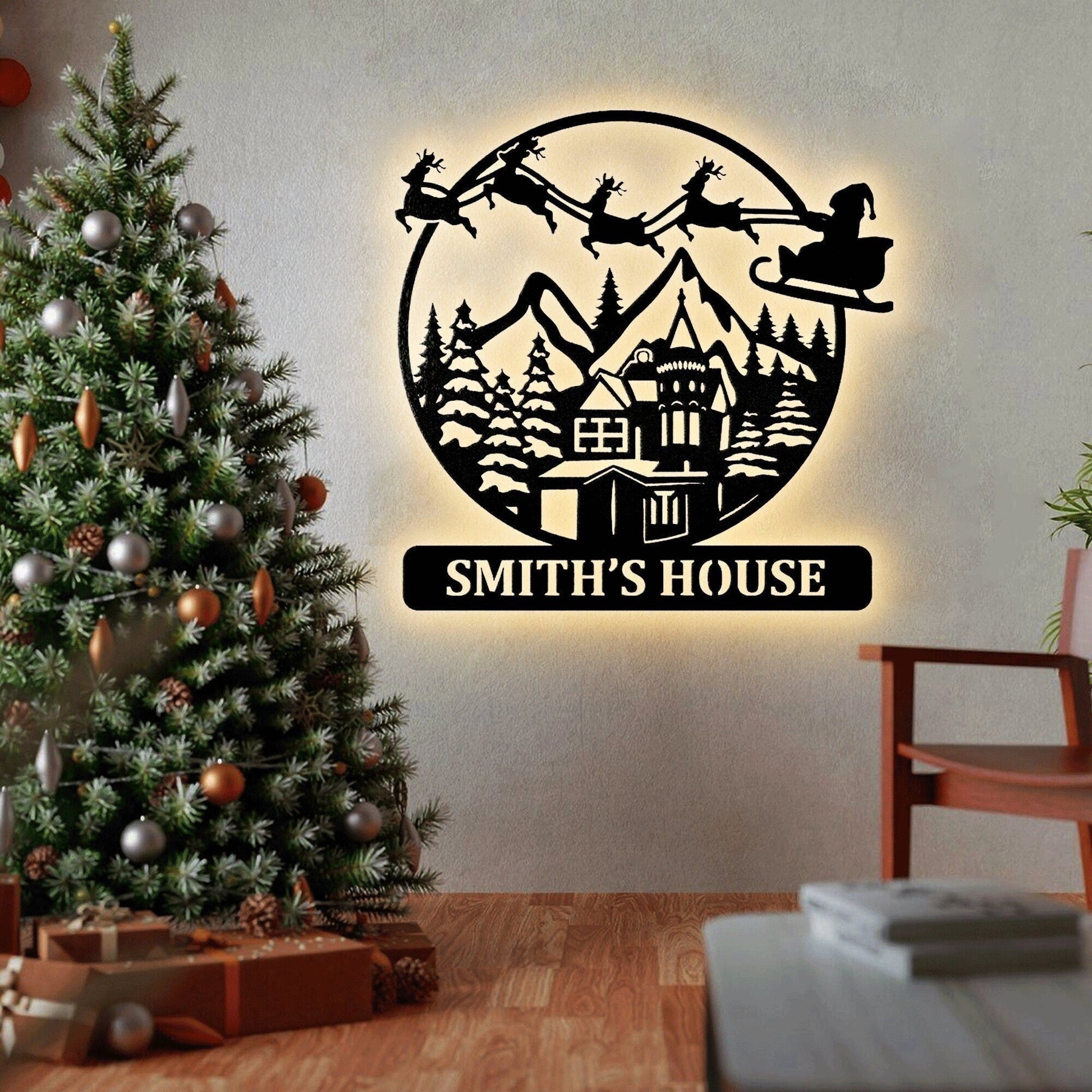 Custom Christmas Scene Skiing Metal Wall Art With LED Light, Custom Metal Wall Art With Led, Family Gift