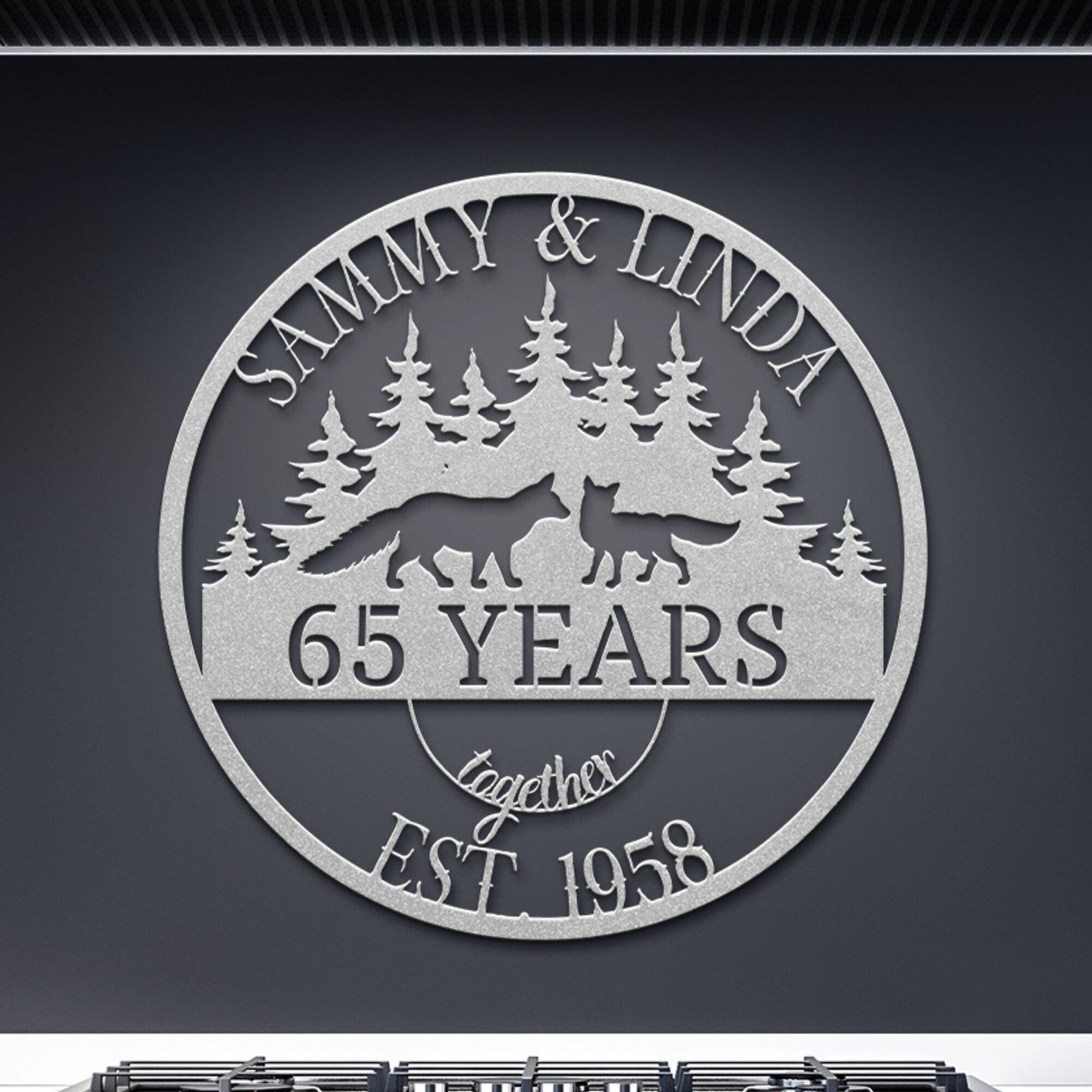 65th Anniversary Gift, Parents Anniversary, Wedding Anniversary Metal Sign, Couples Gift, Fox Metal Wall Art, Custom Monogram Sign