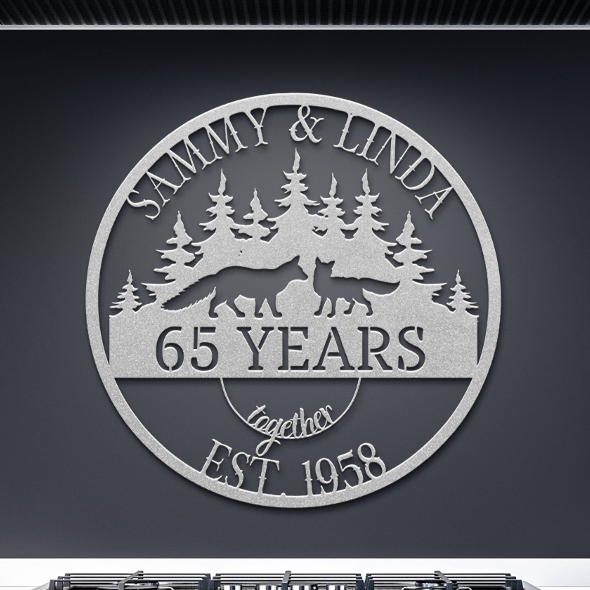 65th Anniversary Gift, Parents Anniversary, Wedding Anniversary Metal Sign, Couples Gift, Fox Metal Wall Art, Custom Monogram Sign