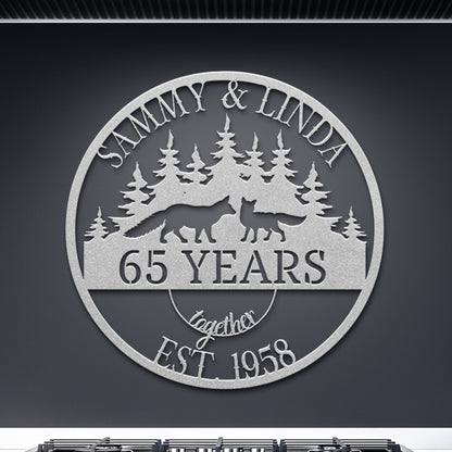 65th Anniversary Gift, Parents Anniversary, Wedding Anniversary Metal Sign, Couples Gift, Fox Metal Wall Art, Custom Monogram Sign