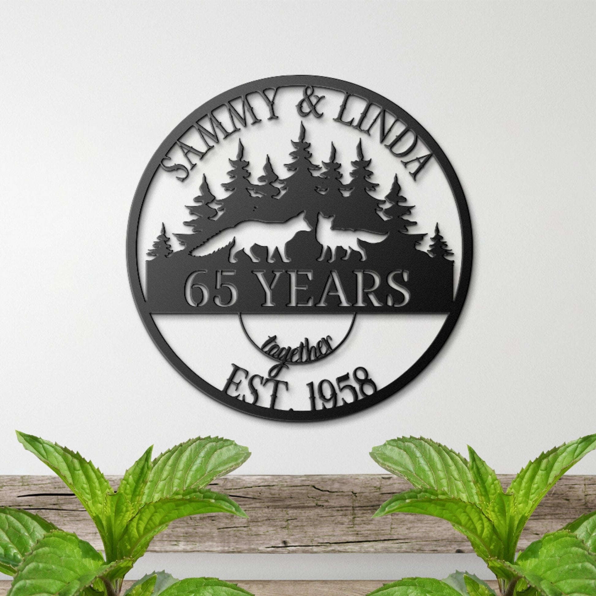 65th Anniversary Gift, Parents Anniversary, Wedding Anniversary Metal Sign, Couples Gift, Fox Metal Wall Art, Custom Monogram Sign