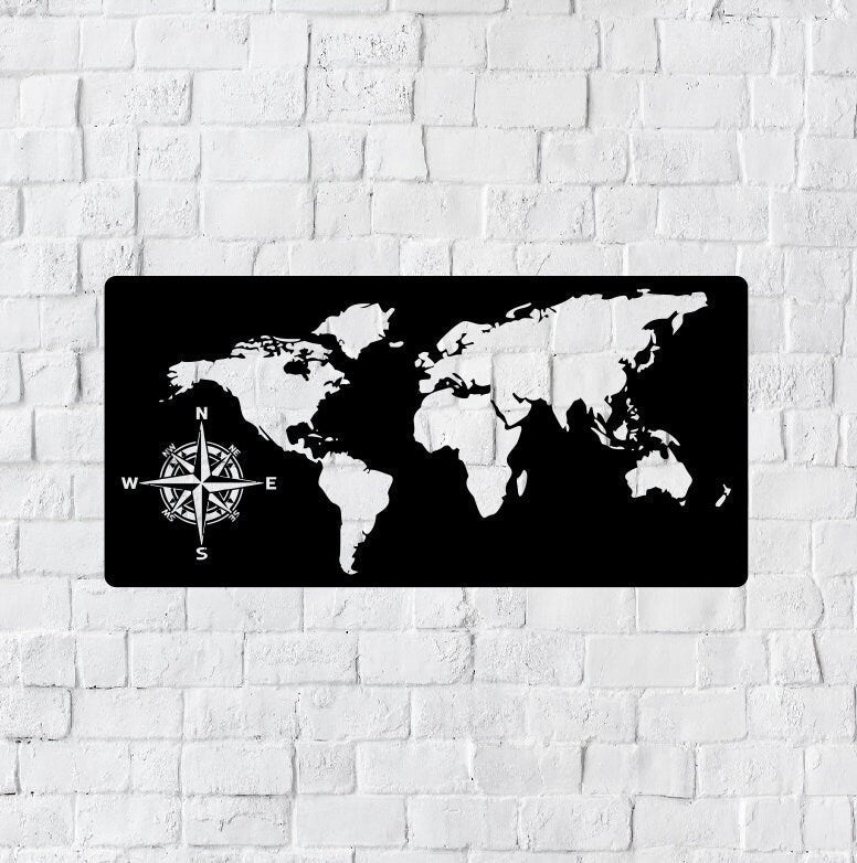 World Map Metal Art / World Compass Metal Art / Personalized Metal Art / Map Sign / Indoor Home Decor