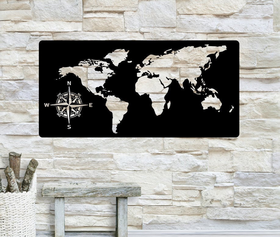 World Map Metal Art / World Compass Metal Art / Personalized Metal Art / Map Sign / Indoor Home Decor