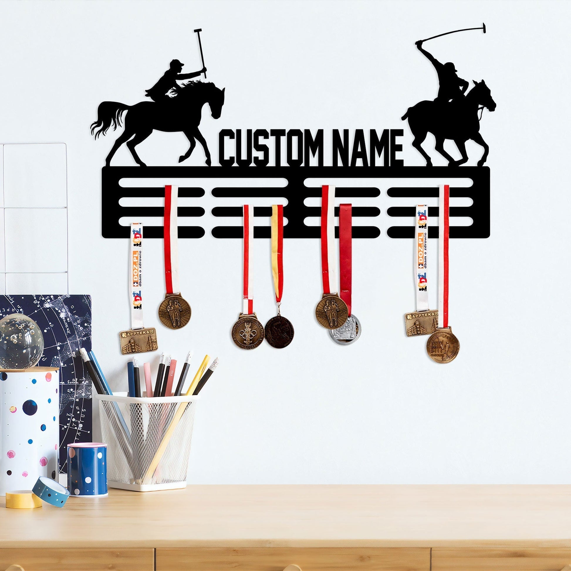 Custom Name Polo Medal Hanger with Led Light, Polo Medal Holder Display Rack for Awards and Ribbons, Tiered Award Rack, Sports Medal Hanger